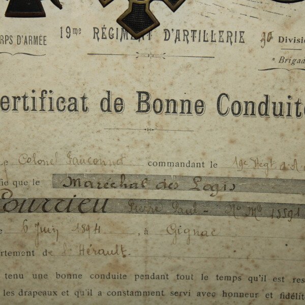 Certificat 19e RA military medal