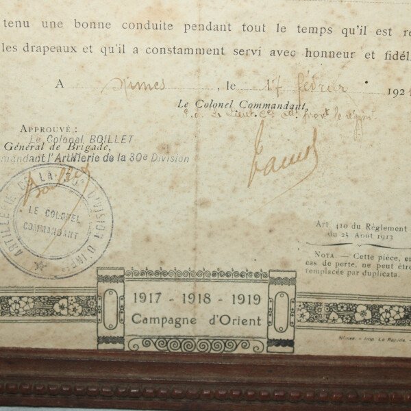 Certificat 19e RA military medal