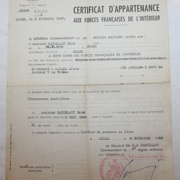 Certificat d'appartenance FFI Lille